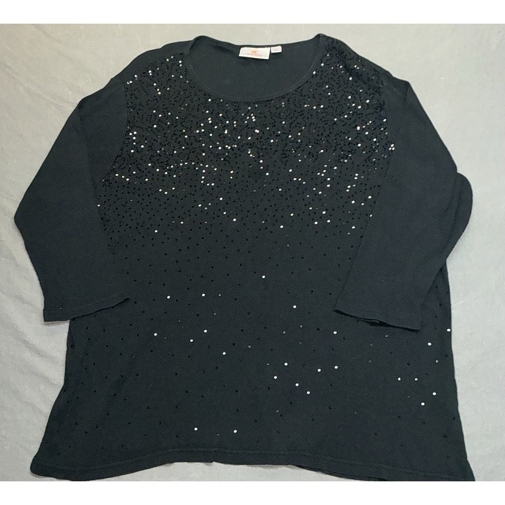 Quacker Factory Black Sequin Top Half Sleeve Size 1X Womens